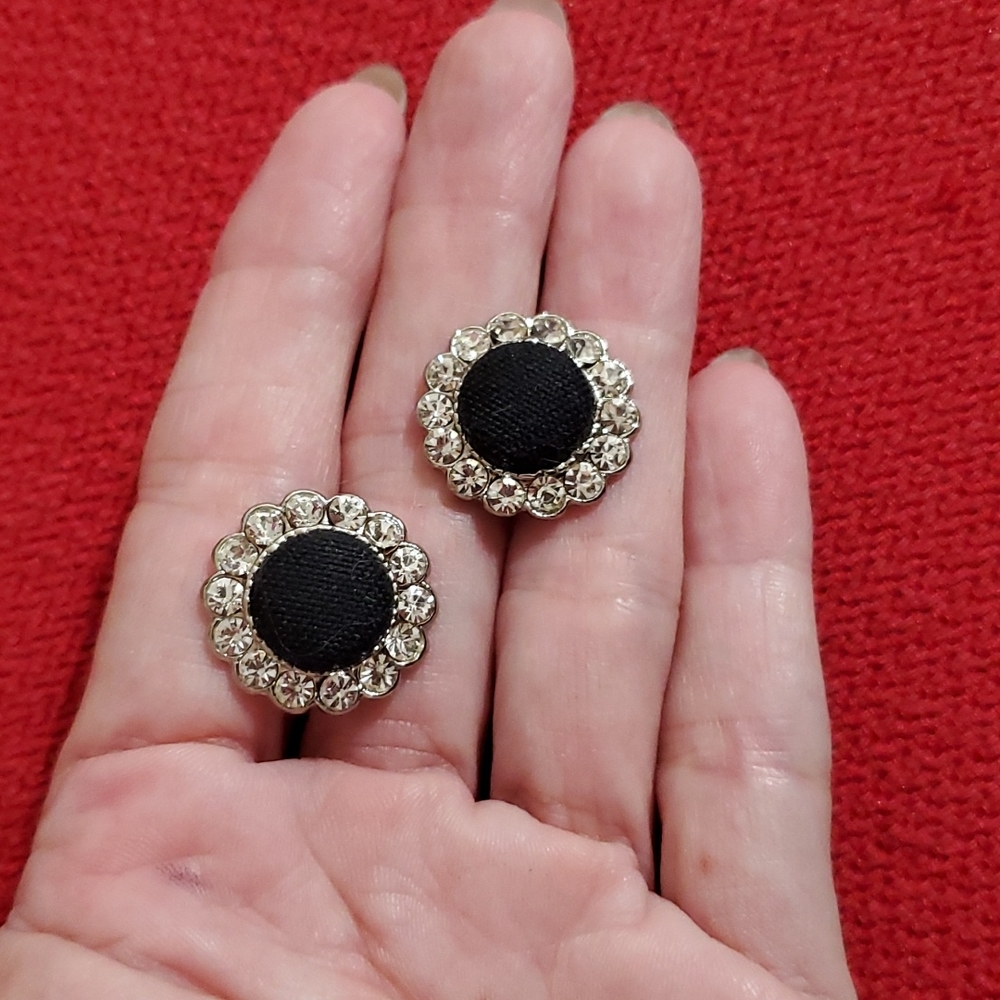 VINTAGE Pair of Black material covered button surrounded by clear rhinestones